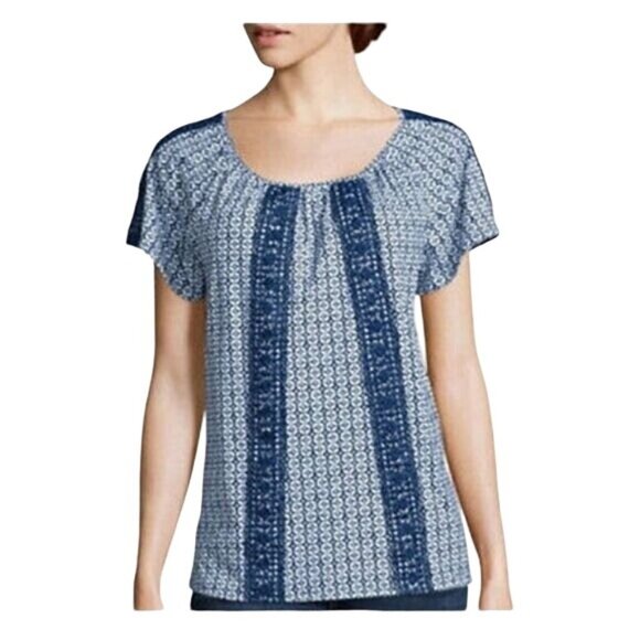 Shirt St John's Bay SHORT SLEEVE Blue White Geometric Women's WOMAN'S SIZE Large - Picture 1 of 6